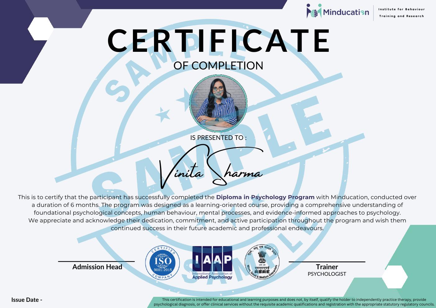 Diploma in Psychology Certificate of Completion